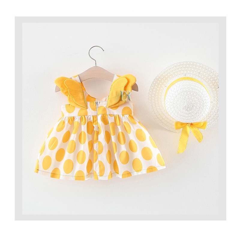 Dress + Topi Anak Bayi Perempuan Motif Polkadot Tanpa Lengan Dress Pantai Dengan Aksen Sayap Set Dress Girls Import Gaun Ulang Tahun Topi Pantai Atasan Dress Princess Musim Panas