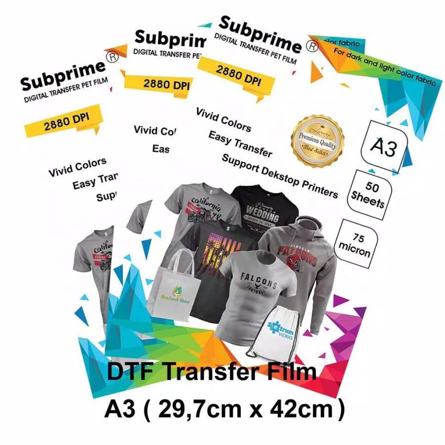 

Pet Film DTF/DST/DTS Merk Subprime A3 Packing 50 Lembar / Kertas DTF