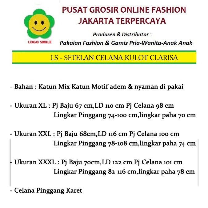 Setelan Clarisa Celana Kulot - Logo Smile (LS) - Ukuran XL-3XL - Matt Katun Mix Katun Motif