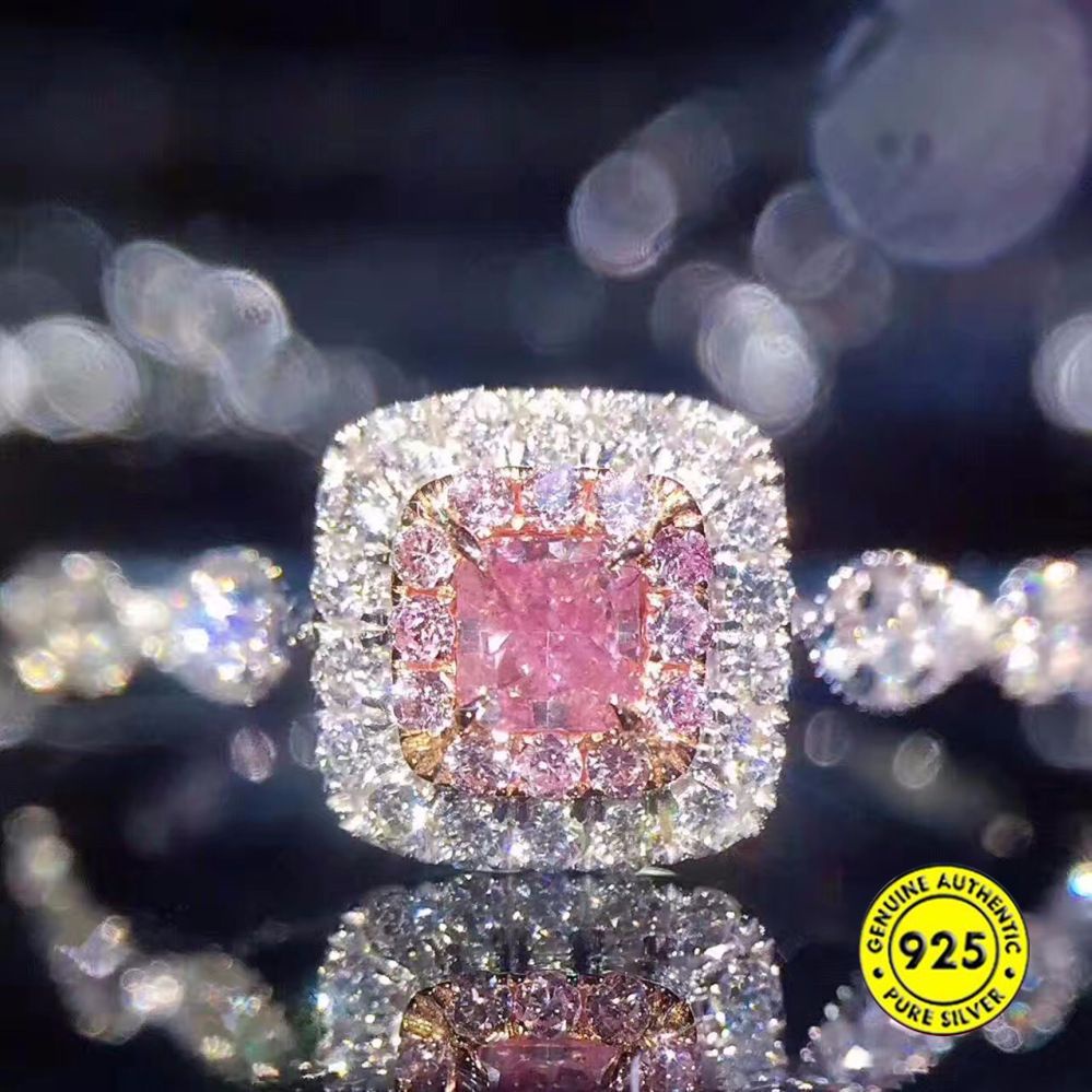 S925 Silver Ring Pink Color Gold Micro-Inlaid Square Diamond Female