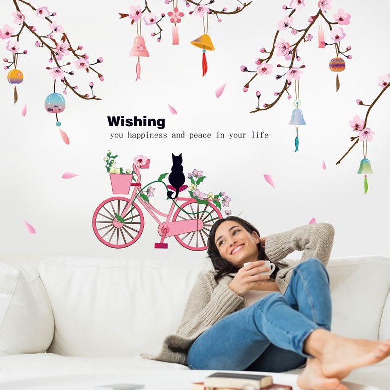 Reliza Wall Sticker Bunga Sakura Wishing Pink Bike Cat  Stiker Dinding LDR ZY1434