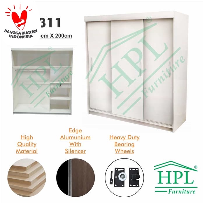 Promo 11 11 Lemari Pakaian Sliding Door 3 Pintu Hpl White Glossy Senilai Rp1 700 000