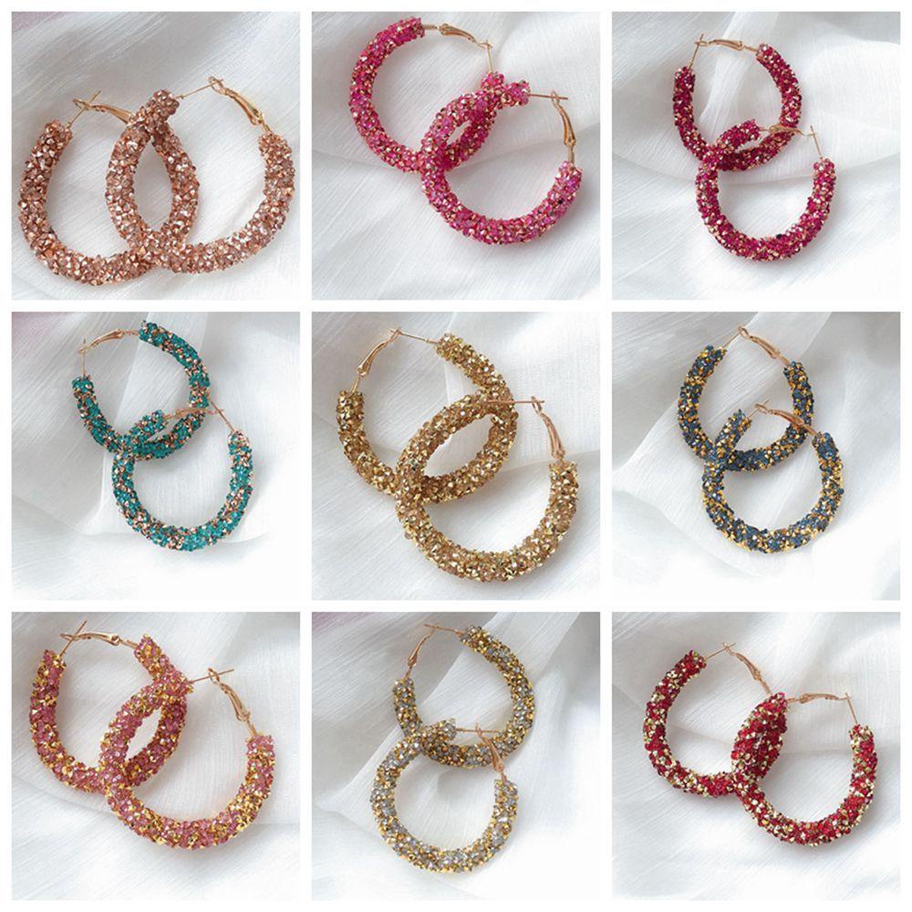 R-flower Crystal Hoop Earring Fashion Glitter Drop Menjuntai Mengkilap Besar Geometris Bulat