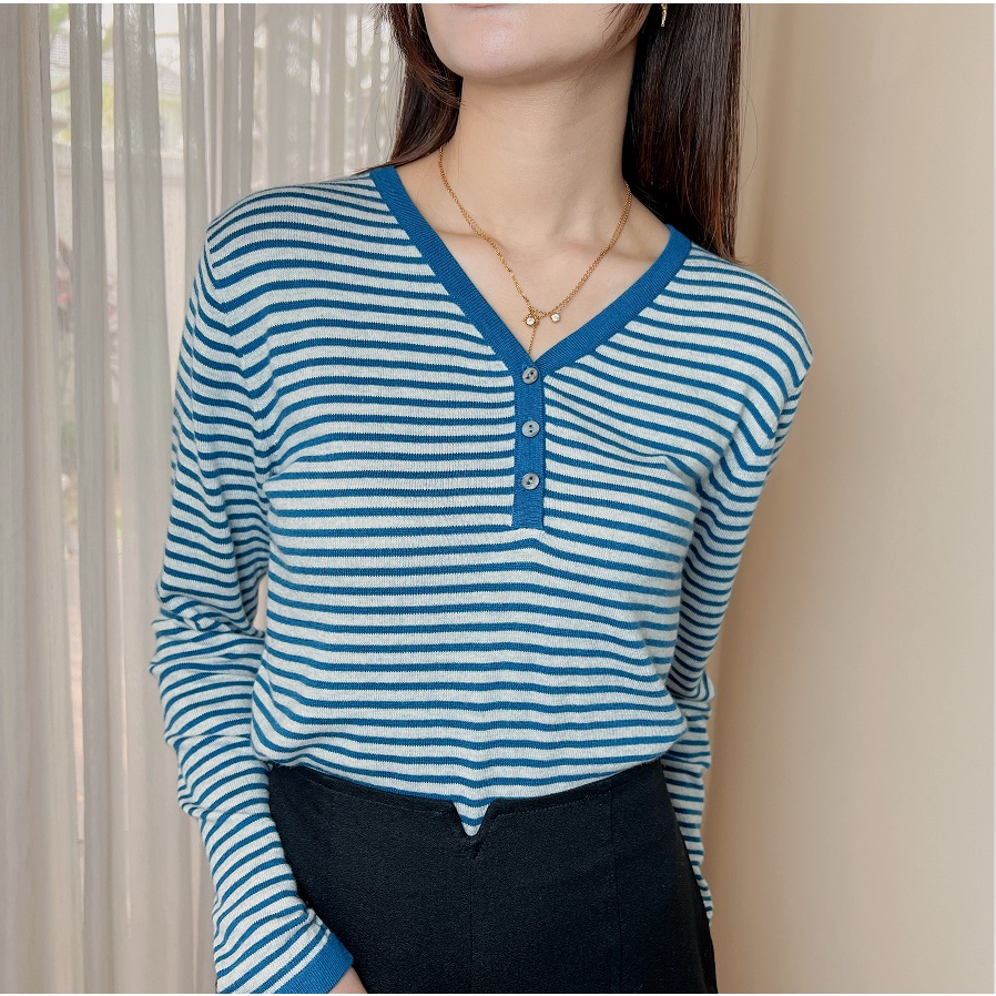 【Elegant】Summer  Striped Long Sleeves With Buttons knitting T-Shirt 7401