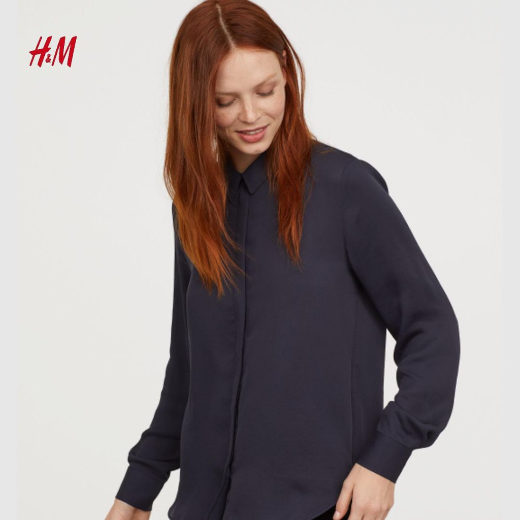 H&M Polyester Basic Shirt Kemeja Lengan Panjang HnM Blouse HnM - Dark Navy