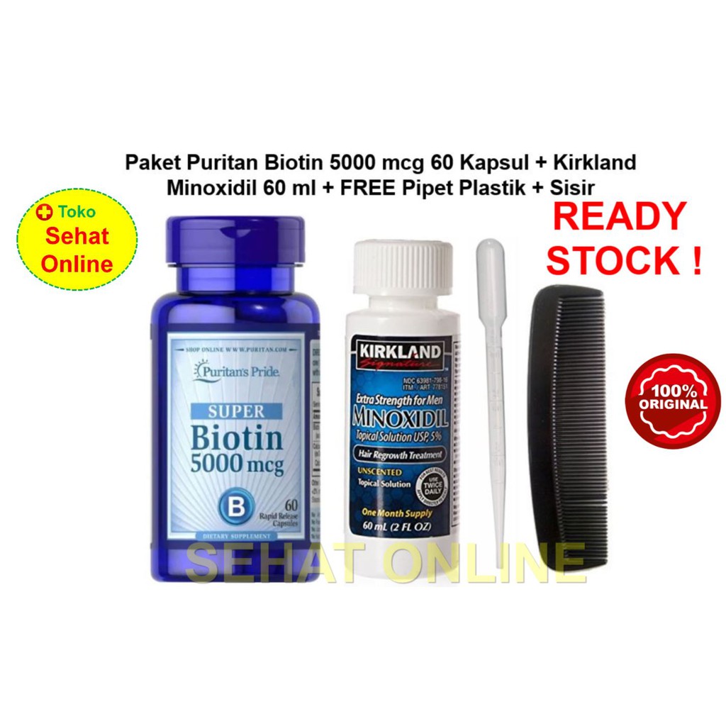 Paket Kirkland Minoxidil 60ml + Puritan Pride Biotin 5000 mcg 60 Caps