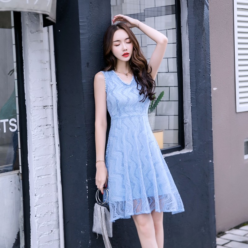 Ins Dress Midi Korea V-Neck Tanpa Lengan High Waist Bahan Lace Warna Biru untuk Wanita