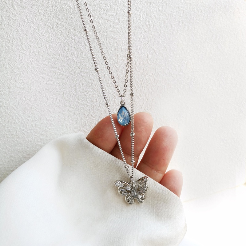 Blue Water Drop Butterfly Necklace Accessories Temperament Double Clavicle Chain