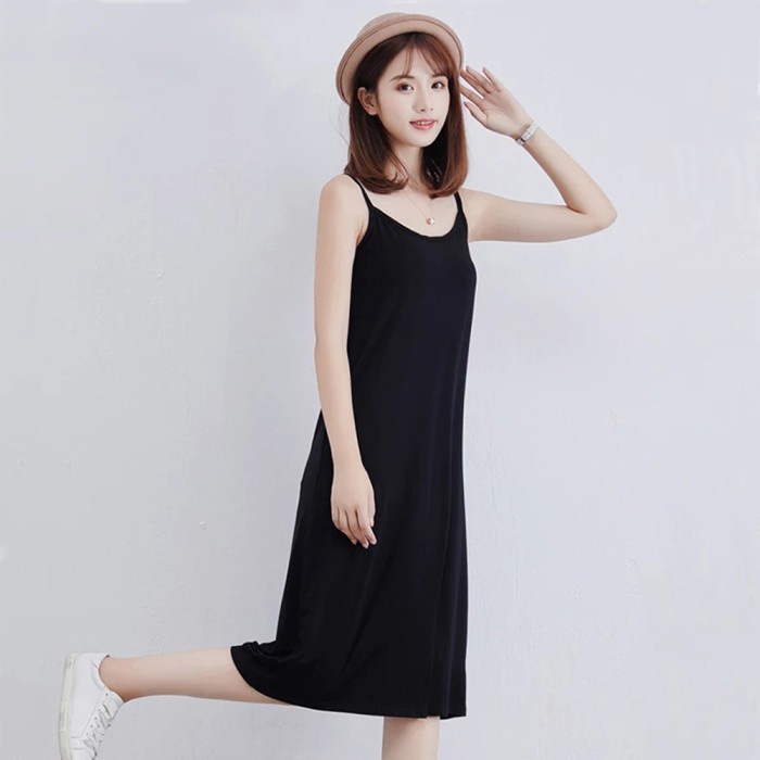Midi Dress Camisoles Singlet Tali kecil Gaya Korea - Jfashion Anggun - Hitam