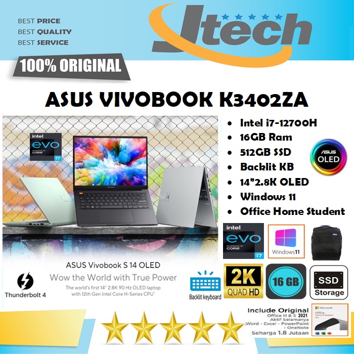 ASUS VIVOBOOK S14 OLED K3402ZA - i7-12700H - 16GB - 512GB SSD - BACKLIT KB - 14"2.8K OLED - WIN11 - OHS