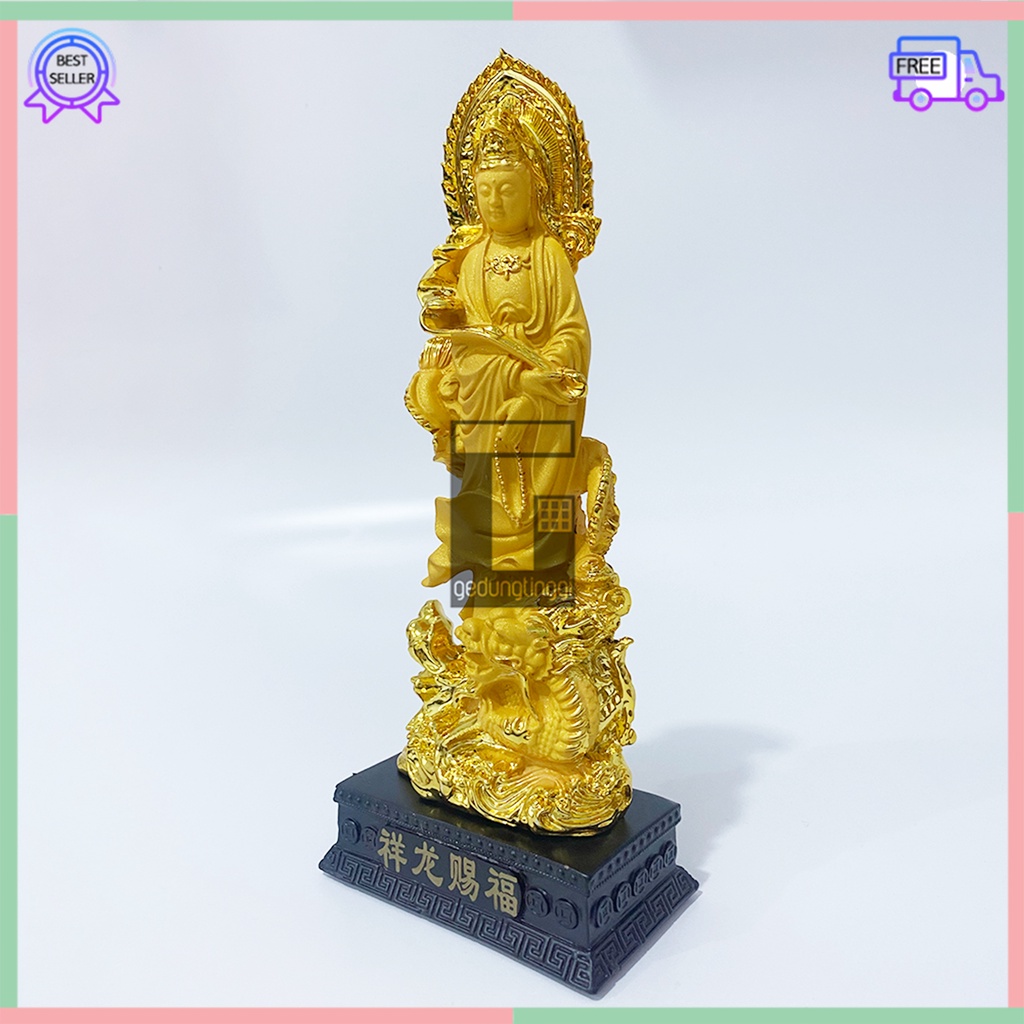 Hiasan Pajangan Patung Dekorasi Kado Hadiah Puja Suci Meja Altar Sembahyang Sembayang Dewi Dewa Mak Kwan Im Kwanim Kwan Im Kuan Im Guan Yin Rupang Welas Asih Belas Kasih Menaiki Naik Naga Liong Menyeberang Air Laut Gold Emas Budha Buddha Resin