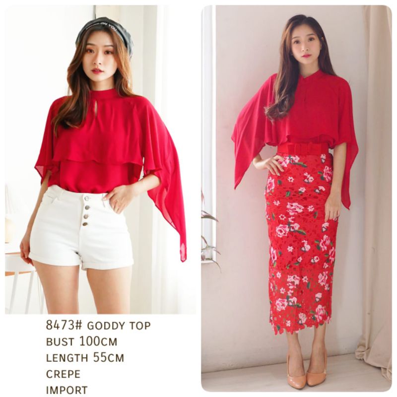 MDLV ~ 8473 CNY Goddy Top Red Women Batwing Top Blouse Red Blouse Atasan Batwing Import Blouse Korea Blouse Premium Blouse Import Fashion Import