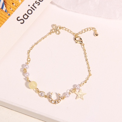 HC Gelang Couple Gelang Mutiara Gelang Rantai Sederhana Wanita Korea Aksesoris Fashion Wanita Gelang Rantai Adjustable Simple Model Bulan Bintang Unisex-HC8643 KUNING