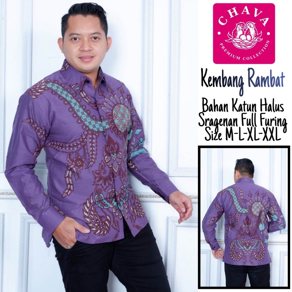 Kemeja batik lengan panjang batik pria warna ungu lapis furing bahan katun halus Kembang rambat