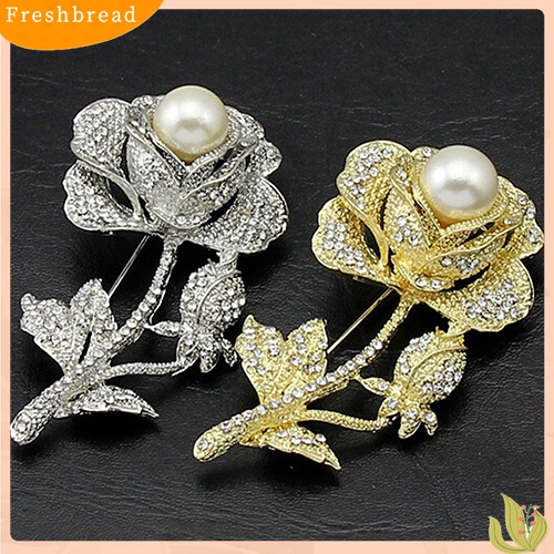 [ TERLARIS]Women's Rose Flower Faux Pearl Rhinestone Brooch Pin Bridal Wedding Jewelry Gift