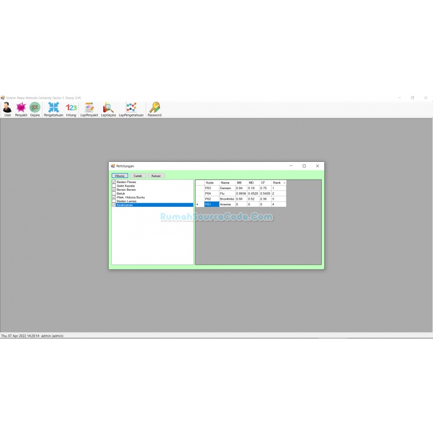 Source Code Sistem Pakar Metode Certainty Factor C Sharp (C#)