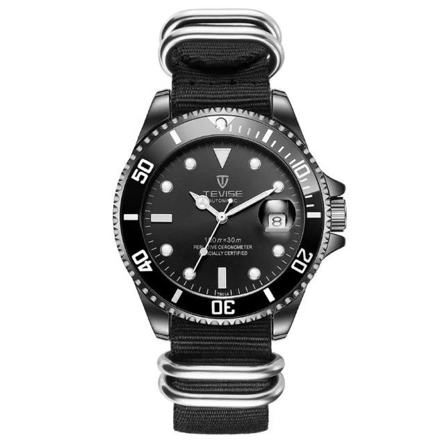 Jam Tangan Pria Automatic Tevise Homage Submariner All Black Strap Nato
