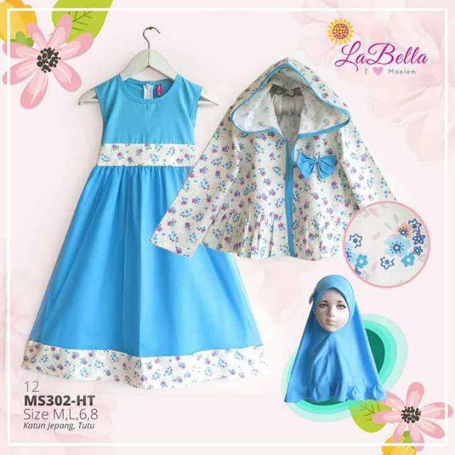LABELLA 6-7 Tahun Gamis anak Hoodie Pesta Biru Muda
