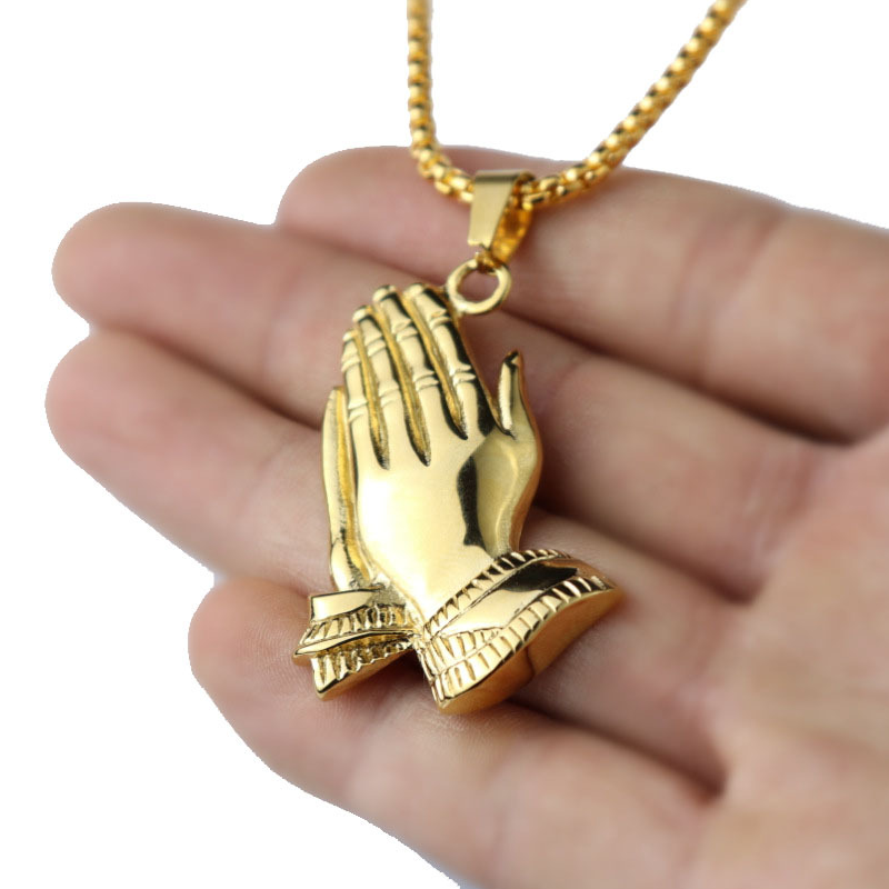 Kalung Rantai Emas 18k Liontin Tangan Berdoa Gaya Hip Hop Untuk Pria