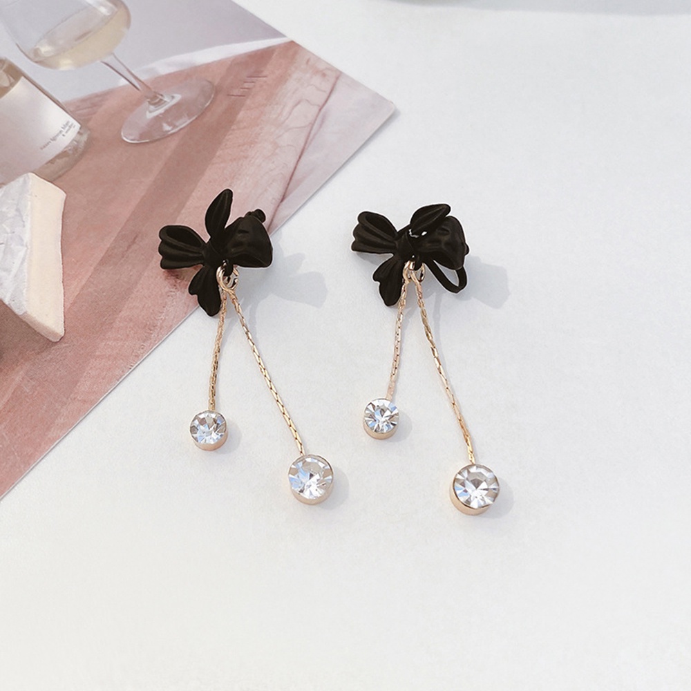 1 Pasang Anting Tusuk Gantung Desain Pita Besar Warna Hitam Hias Berlian Untuk Wanita