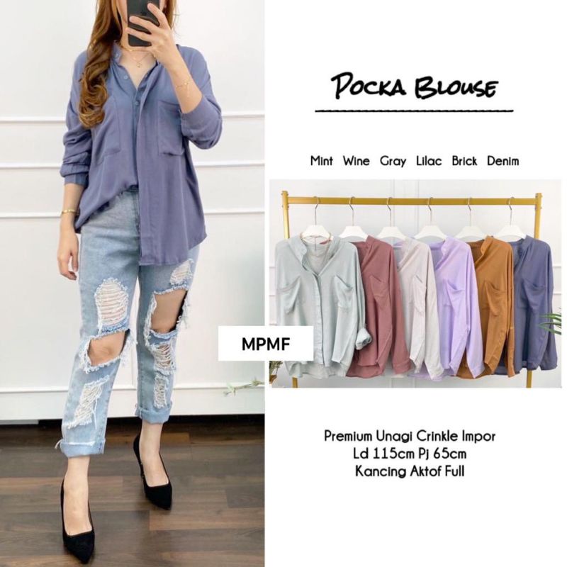Blouse Wanita Pocka Premium Unagi Crinkle Import LD 115 kancing full aktif by MPMF Ready  Mint, Wine