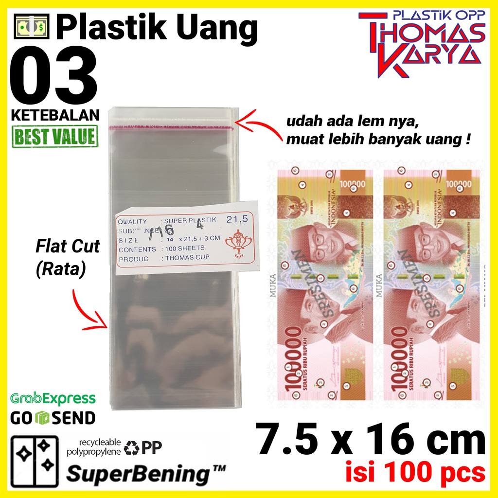 Plastik OPP 7,5x16 Lem isi 100 Kantong Bening Kemasan Uang Kertas Bungkus Uang Kertas 100 Rb 50 rb S