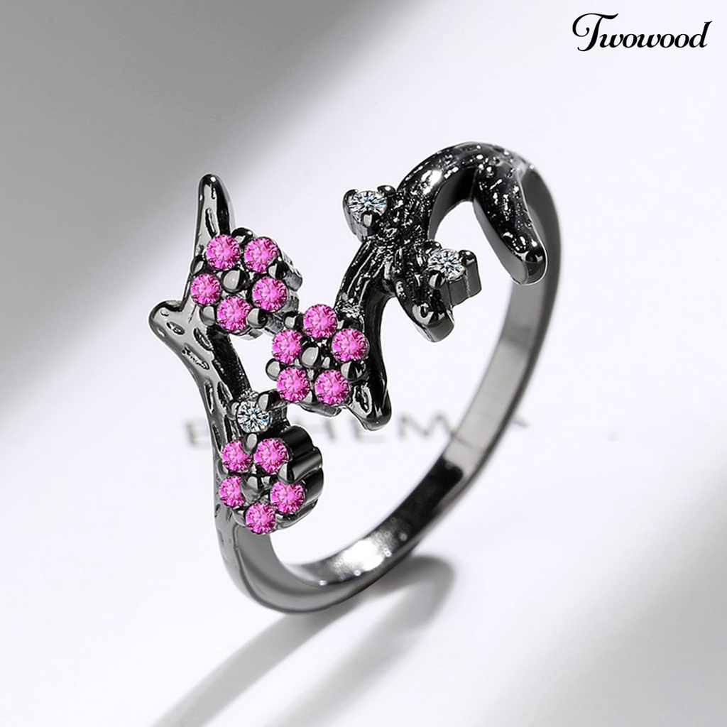 Twowood Adjustable Ring Open End Copper Blooming Plum Flower Rhinestone Ring for Daily Wear