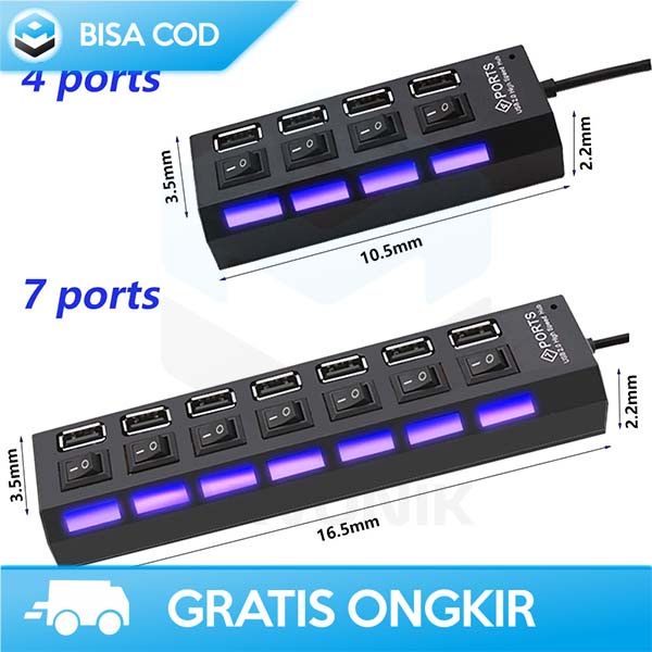 COLOKAN SAKLAR TOMBOL ON OFF KABEL USB 2.0 7 PORT HIGH SPEED LAMPU LED