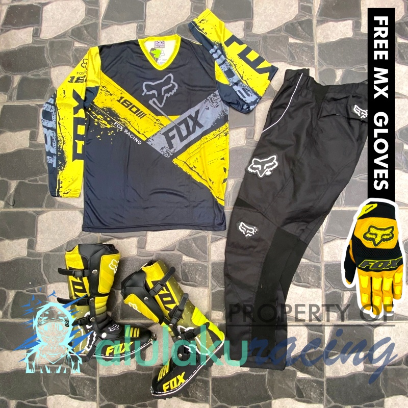 Jersey, Celana, Sarung Tangan &amp; Sepatu Fullprint with Protectors Fullset MX Trail Motocross - Paket Bundling FOCTFG190107-F47
