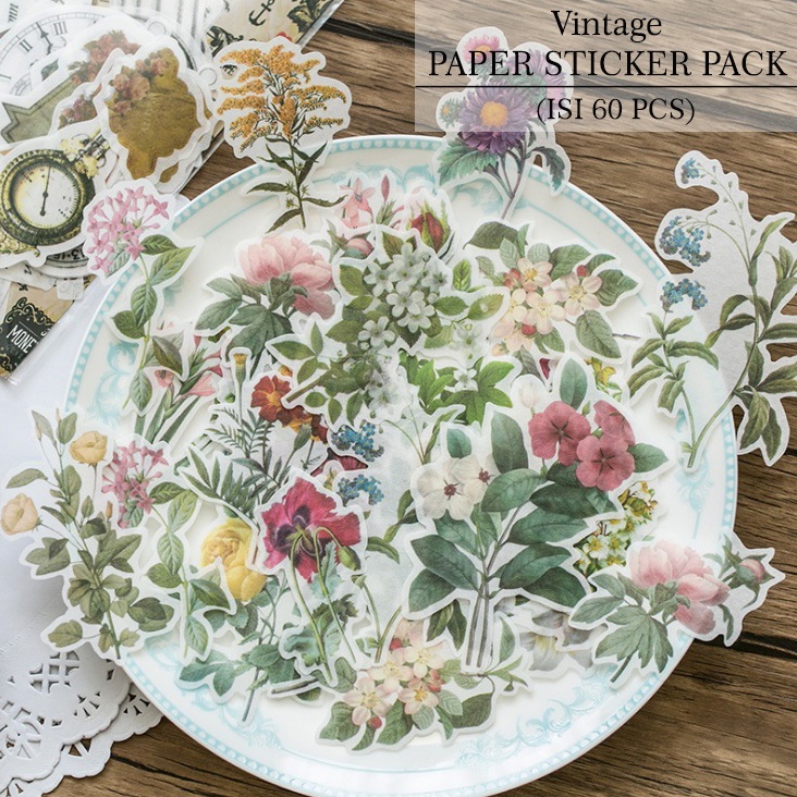 

Vintage Paper Sticker Pack (60pcs) Stiker Journal Diary Scrapbook Hiasan Topping Resin DIY Craft