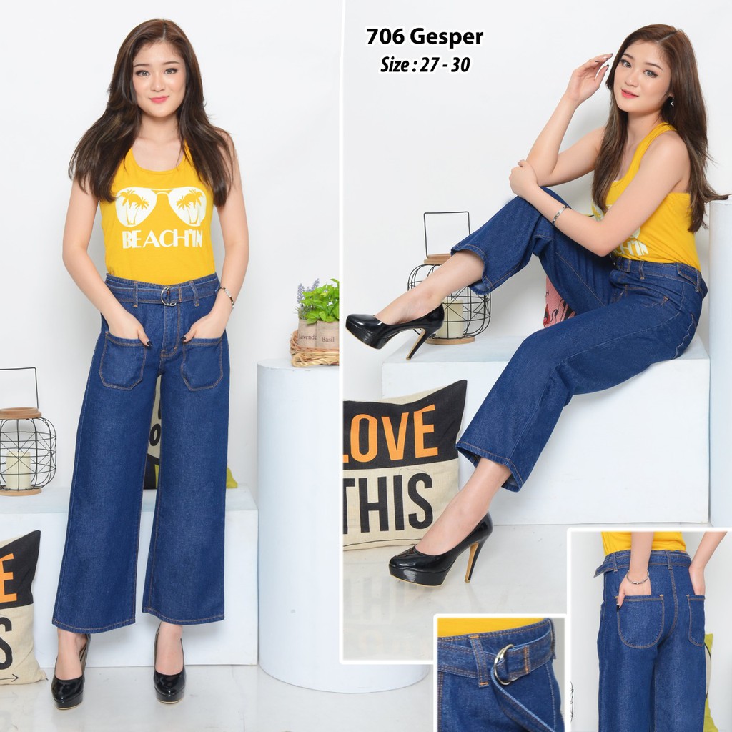 ( Bisa COD ) MC girl Kulot Jeans Free Gesper/Celana Jeans Kulot Gesper Kantong Depan