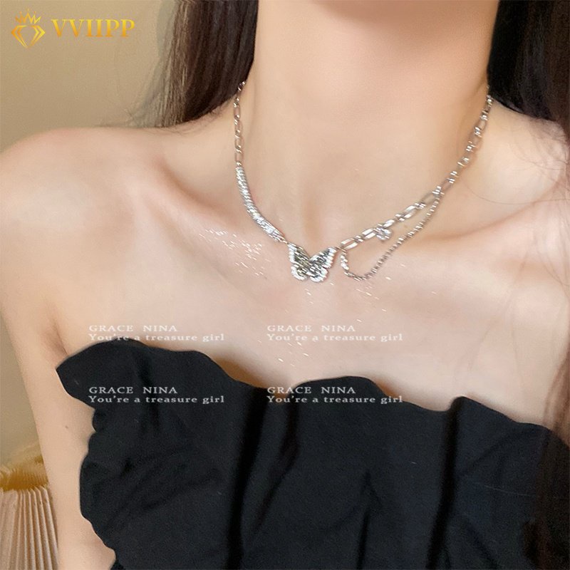 Kalung Rantai Choker Desain Kupu-Kupu Hati Rumbai Bahan Zirkon Warna Hitam Gaya Korea Untuk Wanita