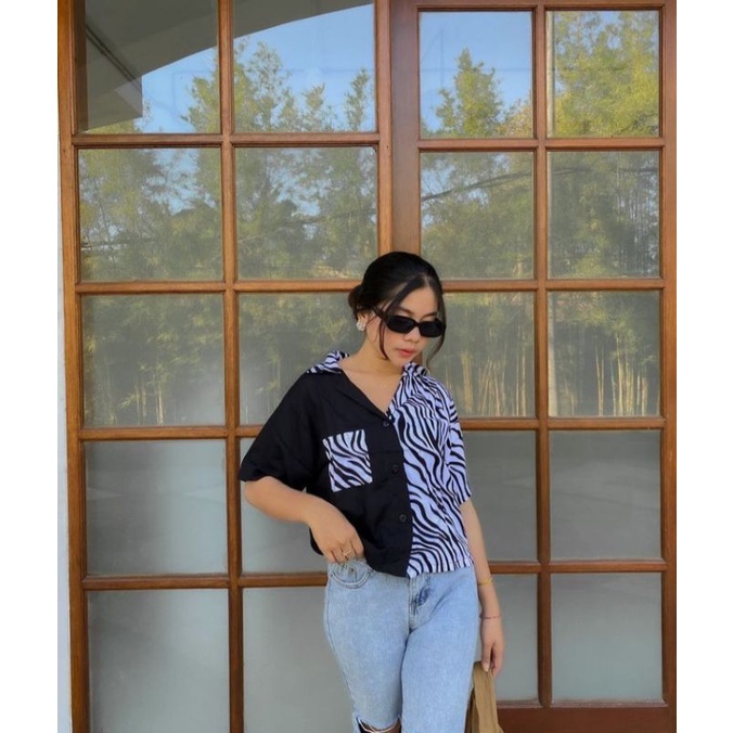 New  KEMEJA CROP TWOTONE ANIMAL // KEMEJA DUA WARNA SAPI DAN ZEBRA SAKU // KOREAN STYLE