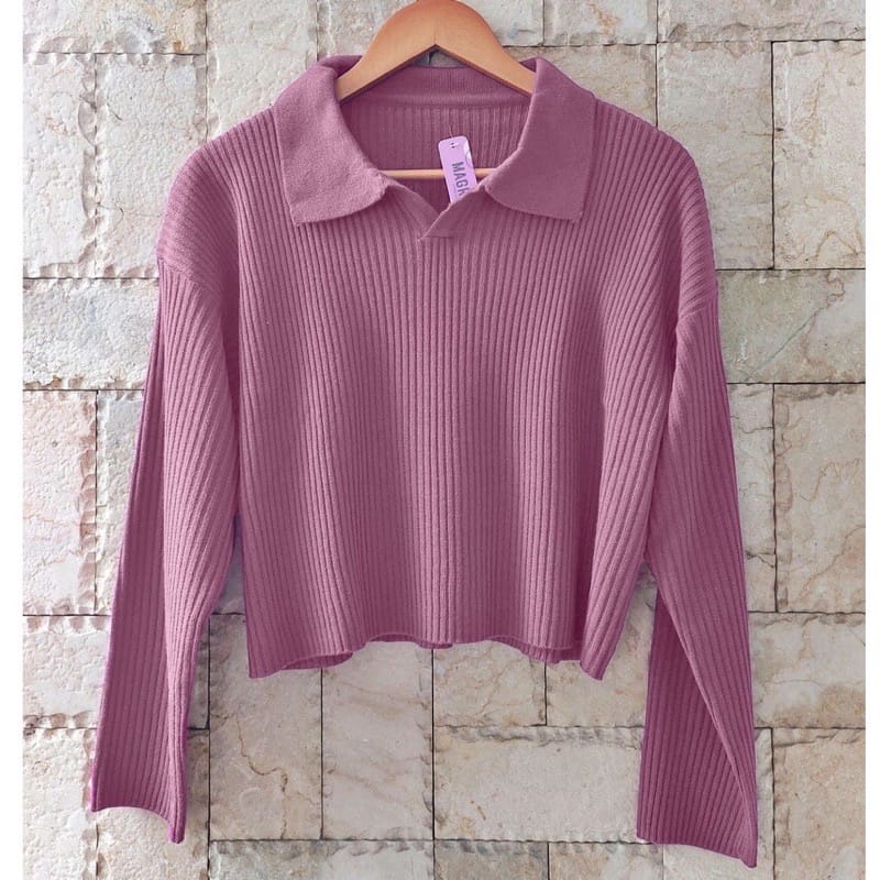 Knit crop rajut sweater blouse kerah polo shirt wanita