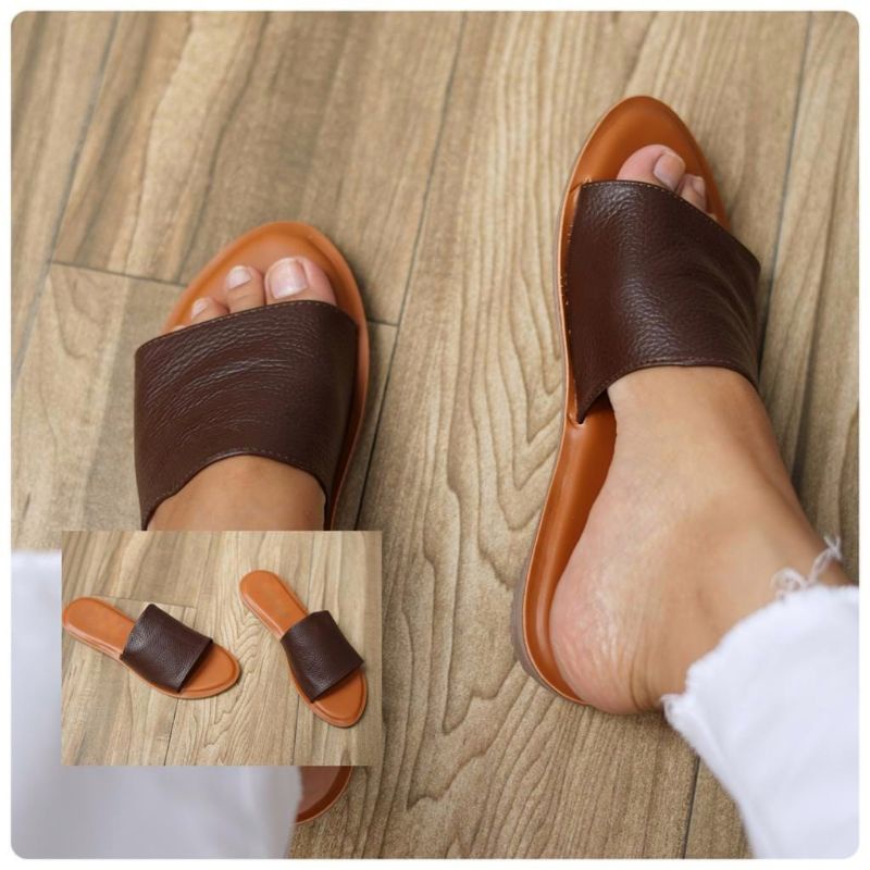 Sandal Slop Teplek Wanita Sendal Kokop Wanita Slop Cewek Kekinian Sandal Kulit Papirut Asli Garut-Coklat tua