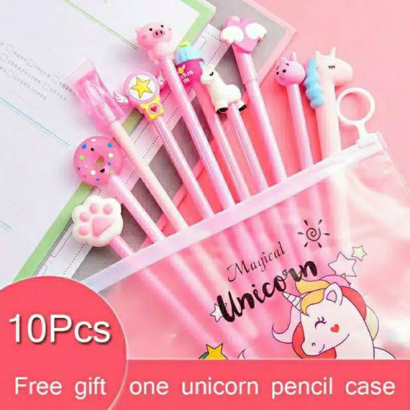 

1 set (10 pcs) Pulpen gel unicorn lucu motif ballpoint random free case