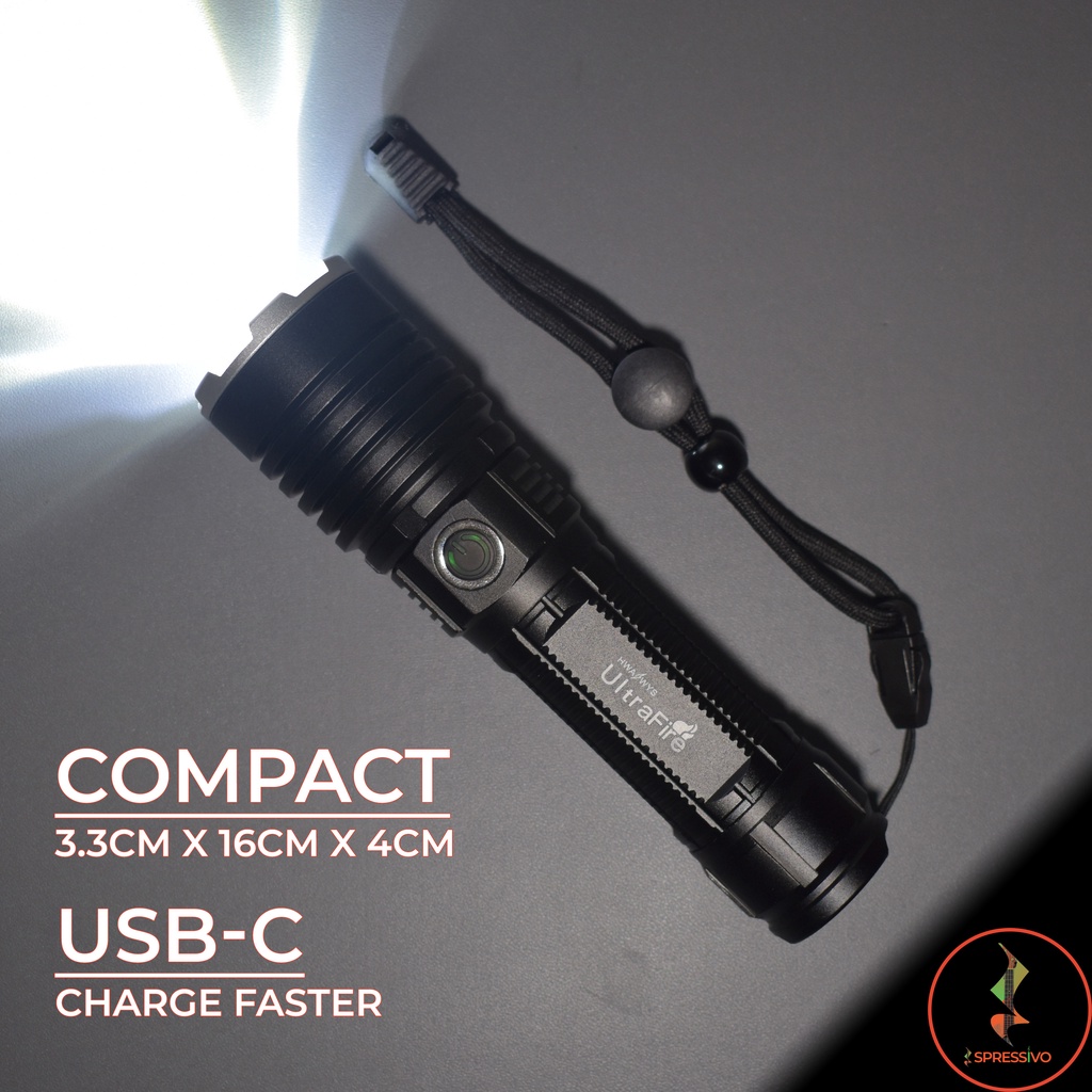 Senter LED XHP-50 ultrafire Cree baterai 26650 rechargeable USB-C