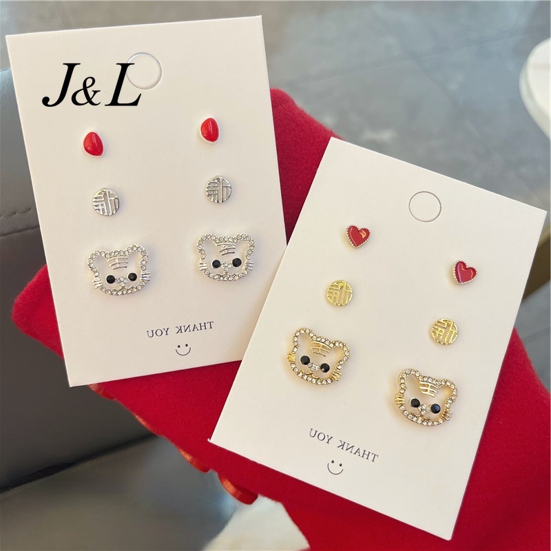 3 Pasang / Set Anting Tusuk Motif Harimau / Hati Bahan Alloy Hias Berlian Imitasi Untuk Wanita