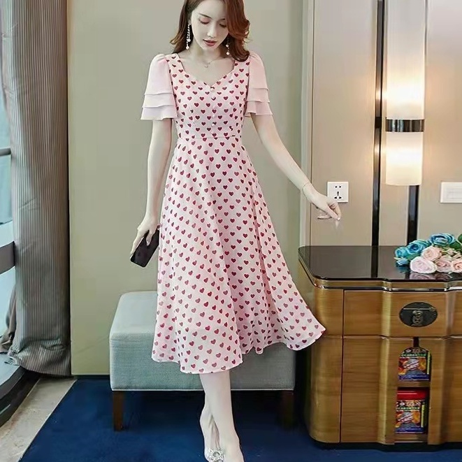 Rok sifon V-neck 2022 baru gaun polka-dot tanpa pinggang pakaian kipas dewi temperamen