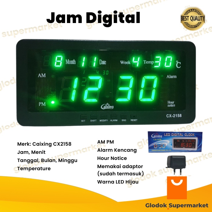 Jam Digital LED Hijau Kalender Temperature Alarm Dinding Clock Caixing CX2158