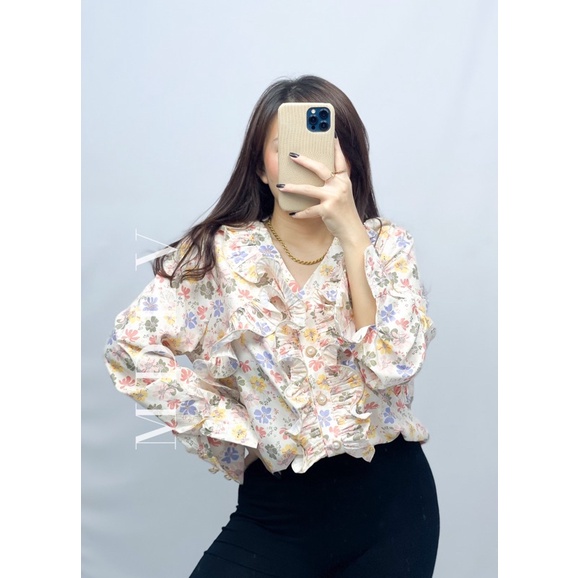 MDLV ~ 5392# Bennita Pleated Shirt Atasan Blouse Flower Korea Import