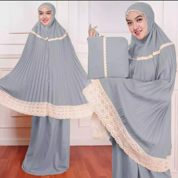 Mukena Wania Plisket Dewasa Katun Rajut Renda Cantik Termurah - Abu-abu