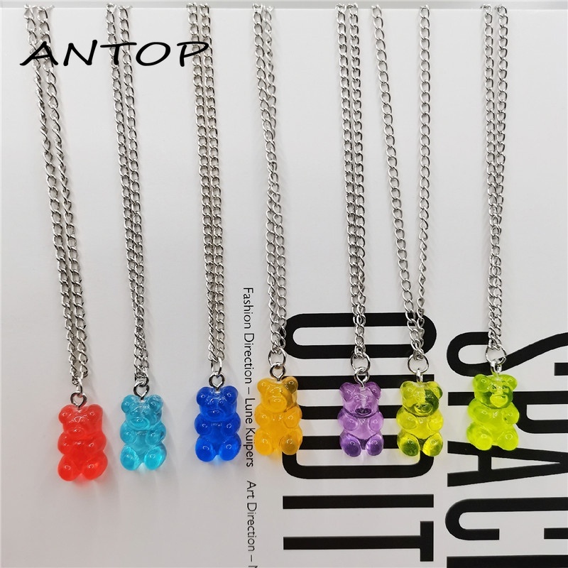 Transparan Beruang Bulat Rantai Kalung Liontin Resin Kartun Warna Cerah Fashion Jewelry ANTOP