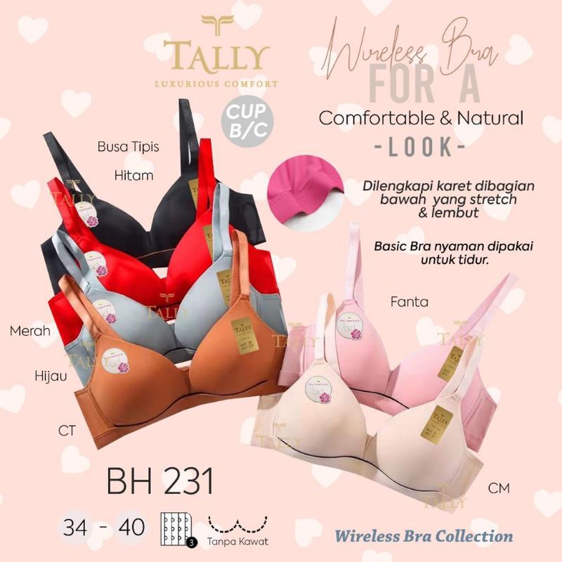 TALLY BRA BH 231 | CUP B | TANPA KAWAT | KAIT 3 | BUSA TIPIS | SIZE 34-40