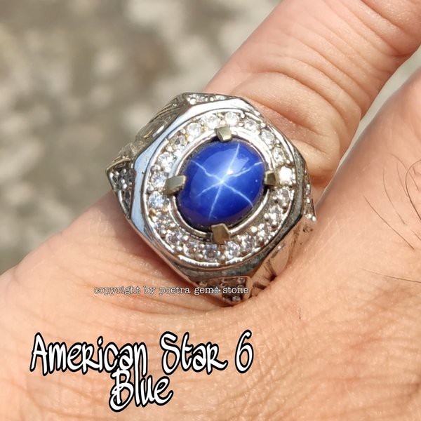 CINCIN BATU AKIK PERMATA AMERICAN STAR BLUE 6 STAR MINIMALIS