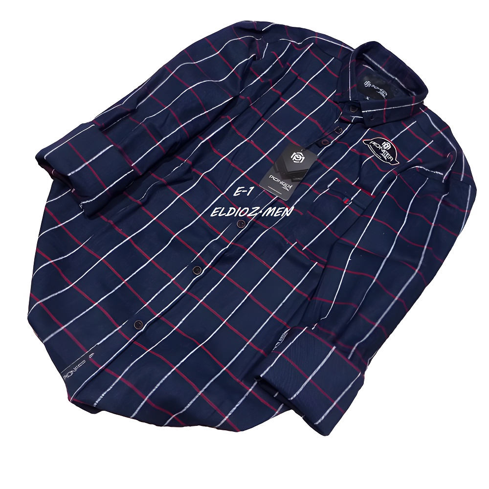 Kemeja Flanel Pria Slim Fit Lengan Panjang Hem Pria Garis Kotak-Kotak