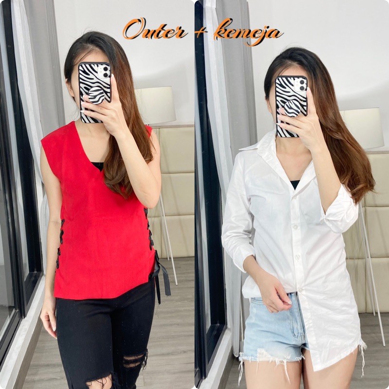 setelan import / outer + kemeja katun putih