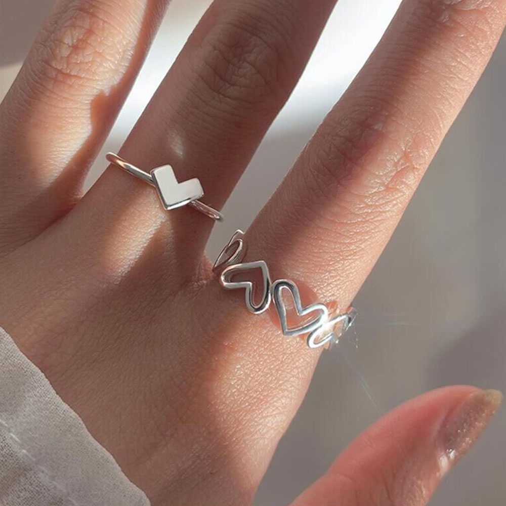2pcs / Set Cincin Bentuk Hati Geometris Model Terbuka Bahan Logam Lapis Perak Untuk Wanita