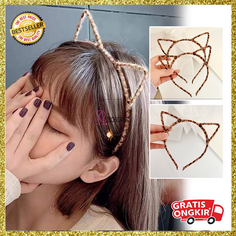 Bando Korea Dewasa Motif Telinga Kucing Bulu Coklat Loreng Aksesoris Fashion Cewe Kekinian AK233