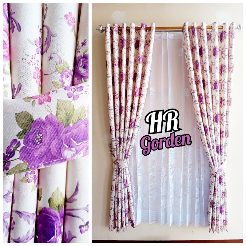 Tirai gorden/Hordeng/Korden Pintu jendela minimalis motiv shaby chik bunga sakura warna ungu model s